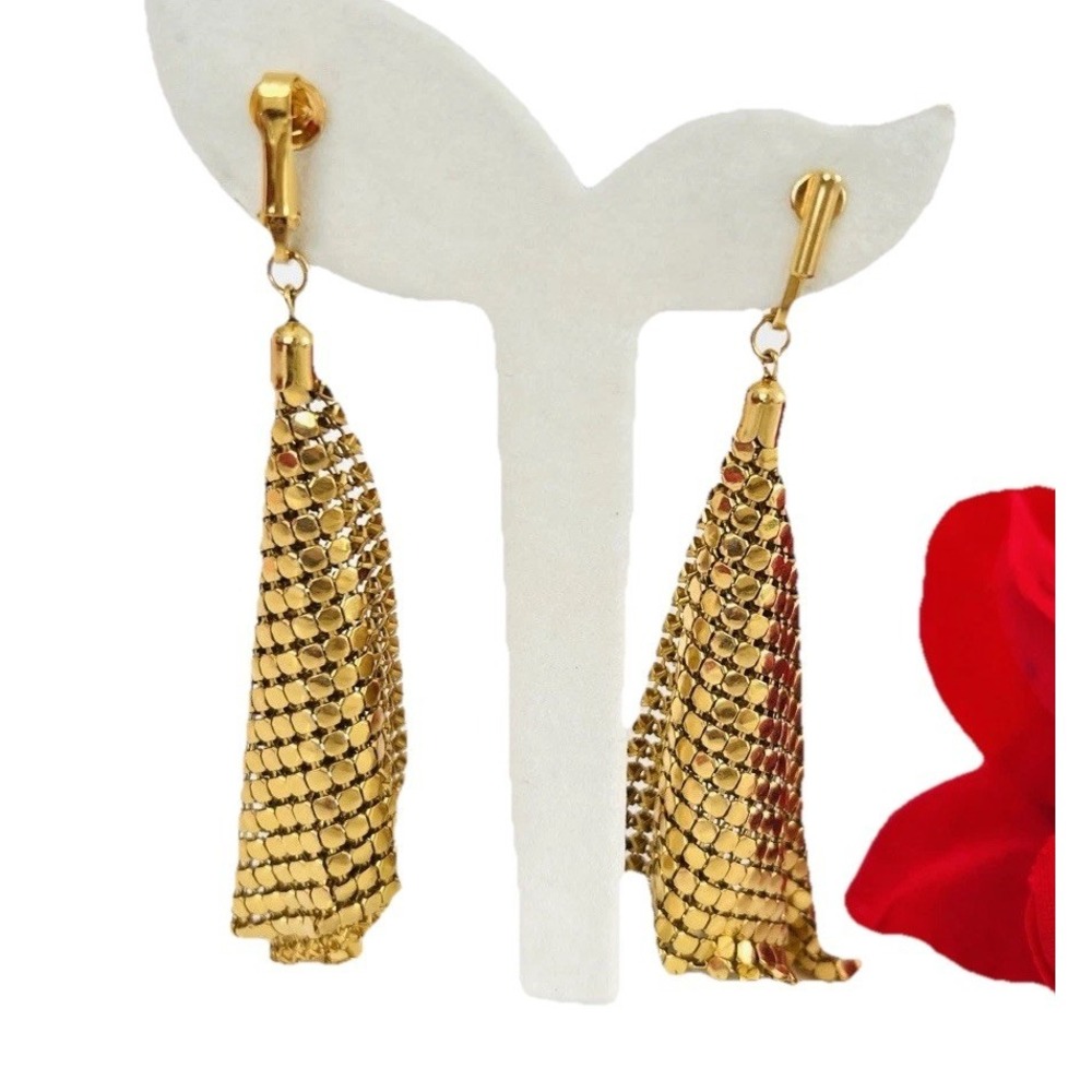 Vintage Clip On Earrings Gold Tone Mesh Dangle Diamond Shape Glam 50s Statement